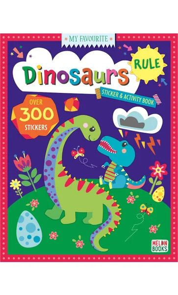 Children's book cover with two dinosaurs on a purple background, featuring text about stickers and activities.