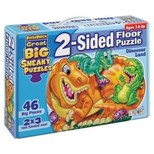 two sided dinosaur puzzle with dinosaur on cover in blue packaging on a white background