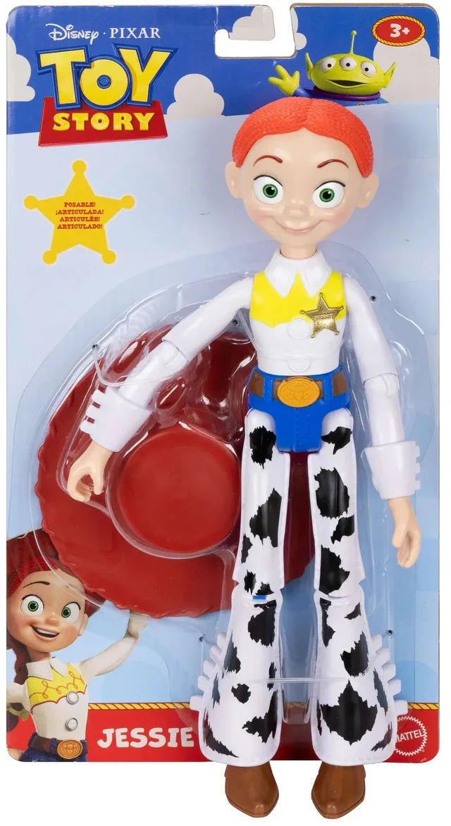 Mattel Disney Pixar Toy Story Jessie action figure in its original blister packaging, featuring Jessie with red hair, a white shirt, yellow vest, blue pants, and cow-print pants, with a red cowboy hat accessory.
