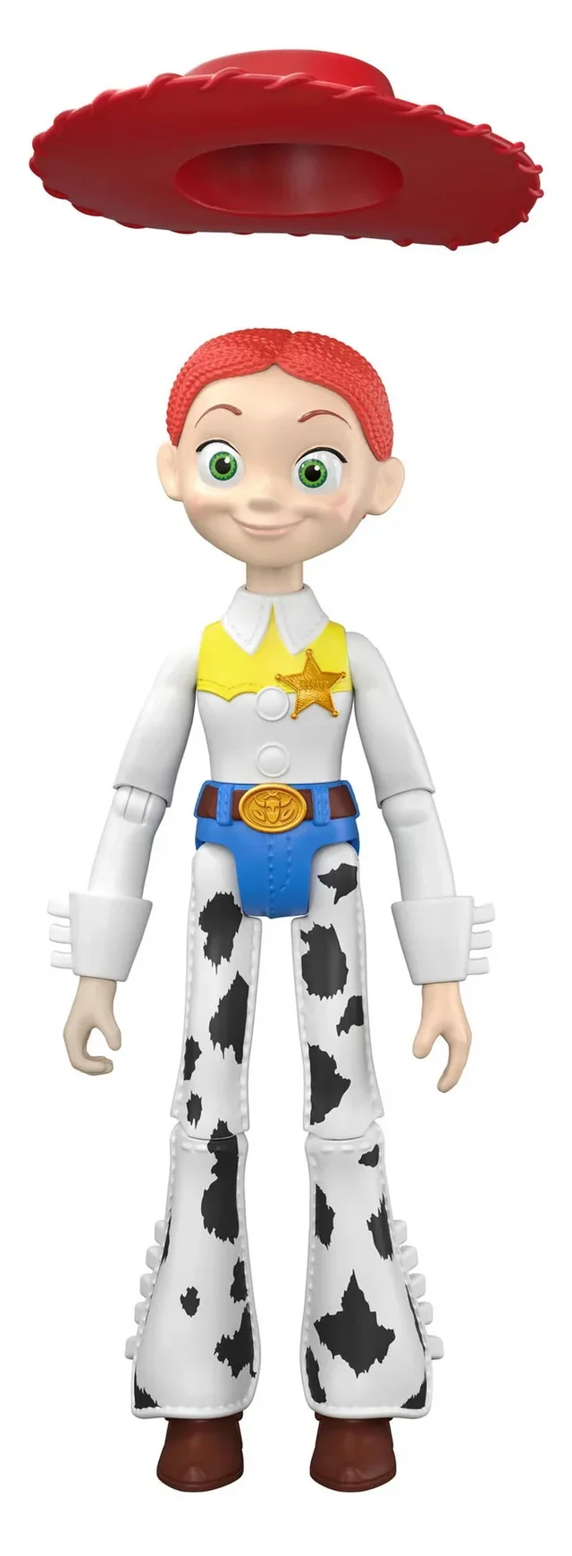 Jessie the Cowboy figure from Toy Story, featuring red hair, a red sombrero, a white shirt with a yellow star, blue pants, and black cow-print details, shown against a plain white background.