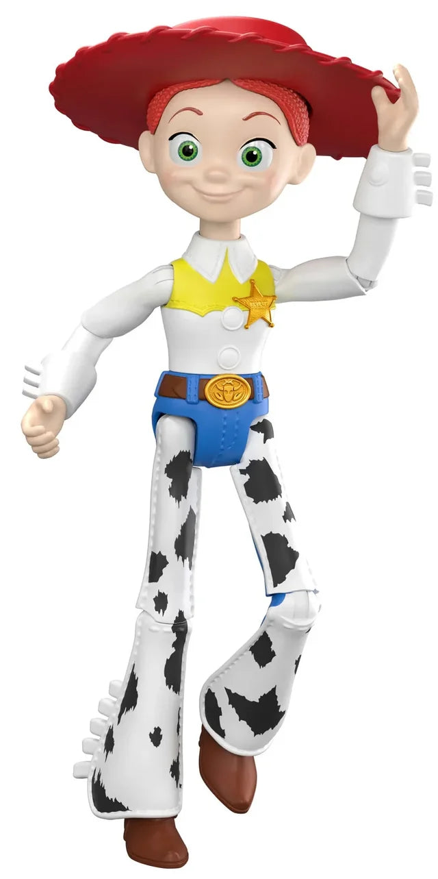 Jessie from Toy Story standing in a cowboy outfit with a red hat, white shirt, yellow star, blue pants, and black-and-white cow-print flared pants on a plain white background.
