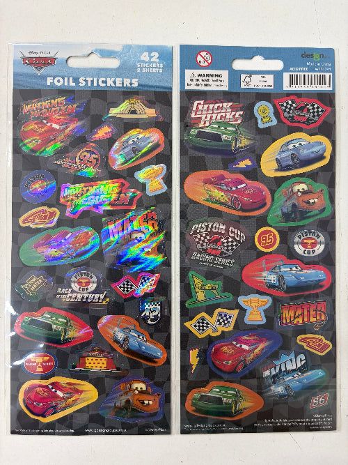 Two Disney Pixar Cars foil sticker sheets on a white background, featuring various die-cut stickers of characters and race-themed graphics.