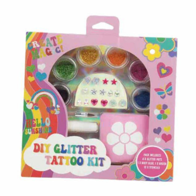 DIY glitter tattoo kit packaging with colorful design on a white background
