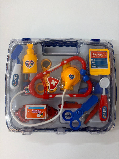 Toy medical doctor set with tools in a clear and blue plastic case on a white background