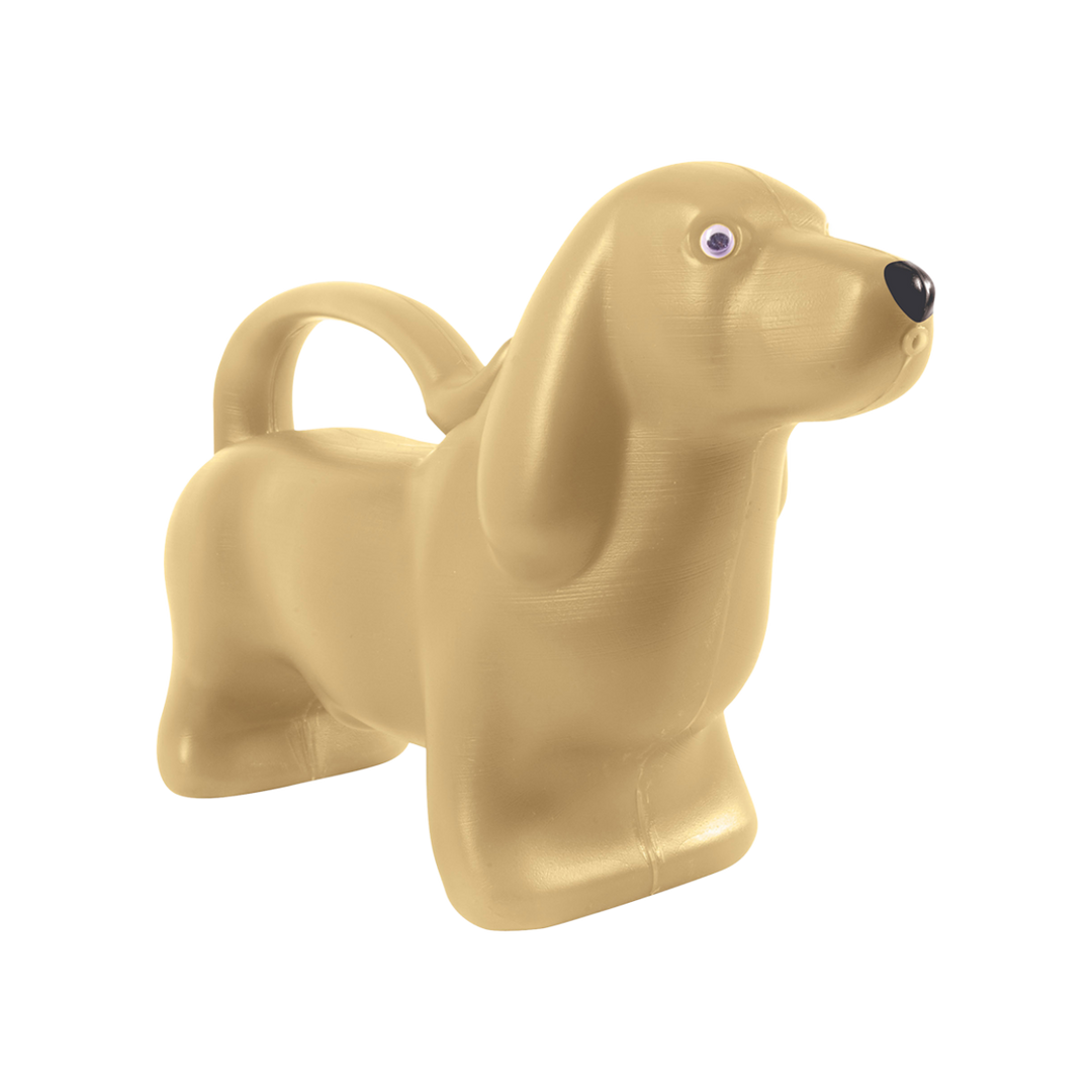 Beige dog-shaped watering can on a white background