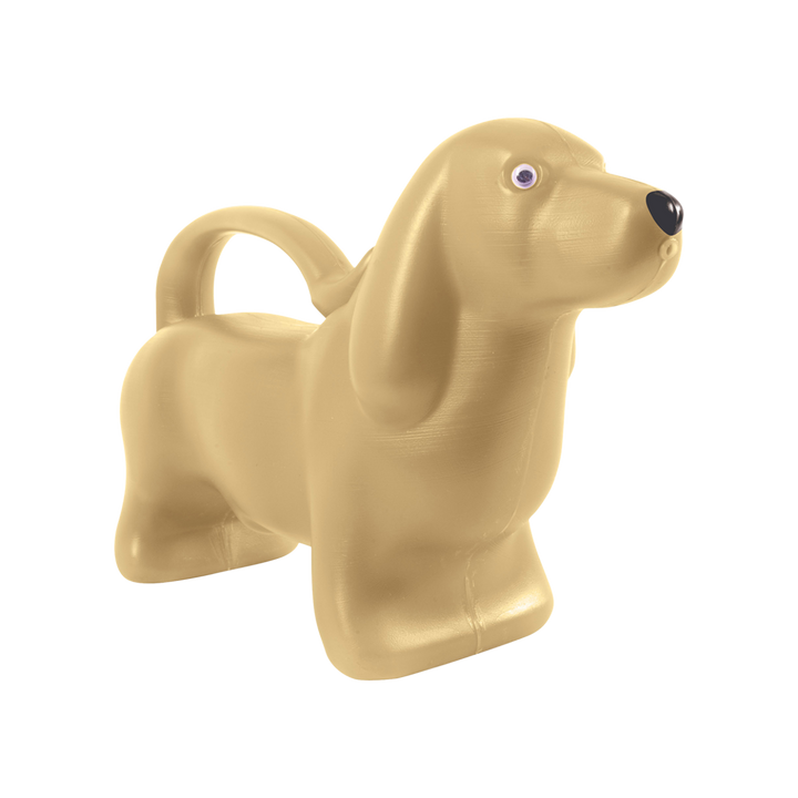 Beige dog-shaped watering can on a white background