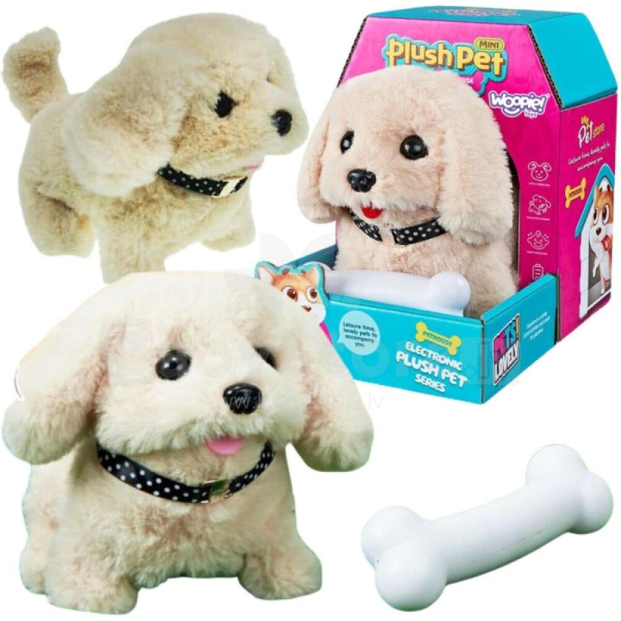 A plush electronic dog toy shown both outside and inside its retail box, alongside a white bone-shaped toy on a plain white background. The box reads 'PlushPet' and 'Wagoneer'.