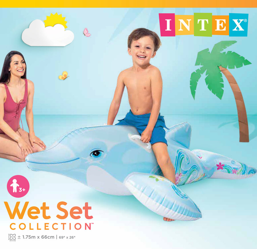 dolphin ride on packaging with child on top of dolphin on a blue background