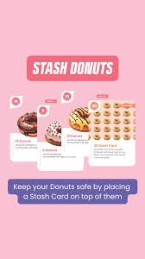 Stash Donuts promotional graphic with donut illustrations and text on a pink background