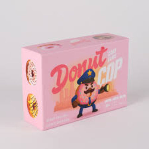 Pink packaging of 'Donut cop card game with a cartoon character on a white background