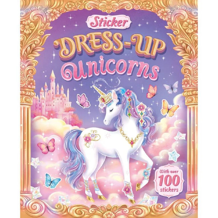 Book cover of 'Dress-Up Unicorns' with a unicorn, castle, and butterflies on a purple background.