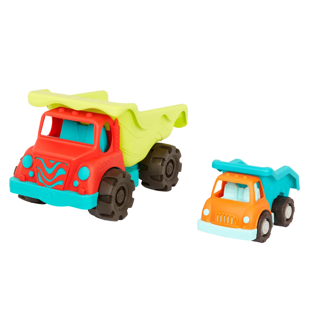 big red and blue dump truck with green dumper alongside smaller orange and blue dump truck with blue dumper