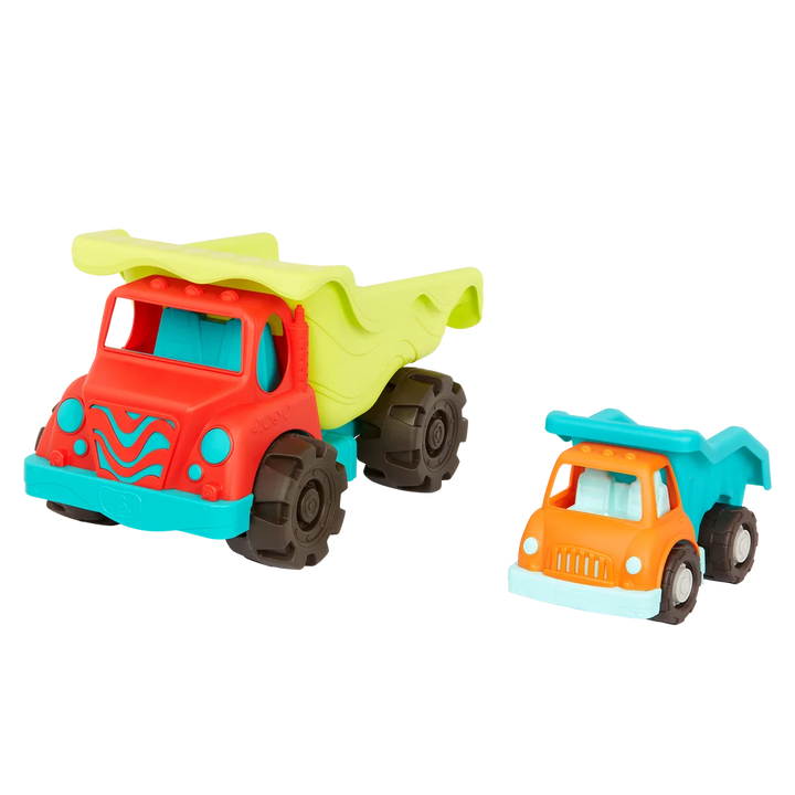 big red and blue dump truck with green dumper alongside smaller orange and blue dump truck with blue dumper