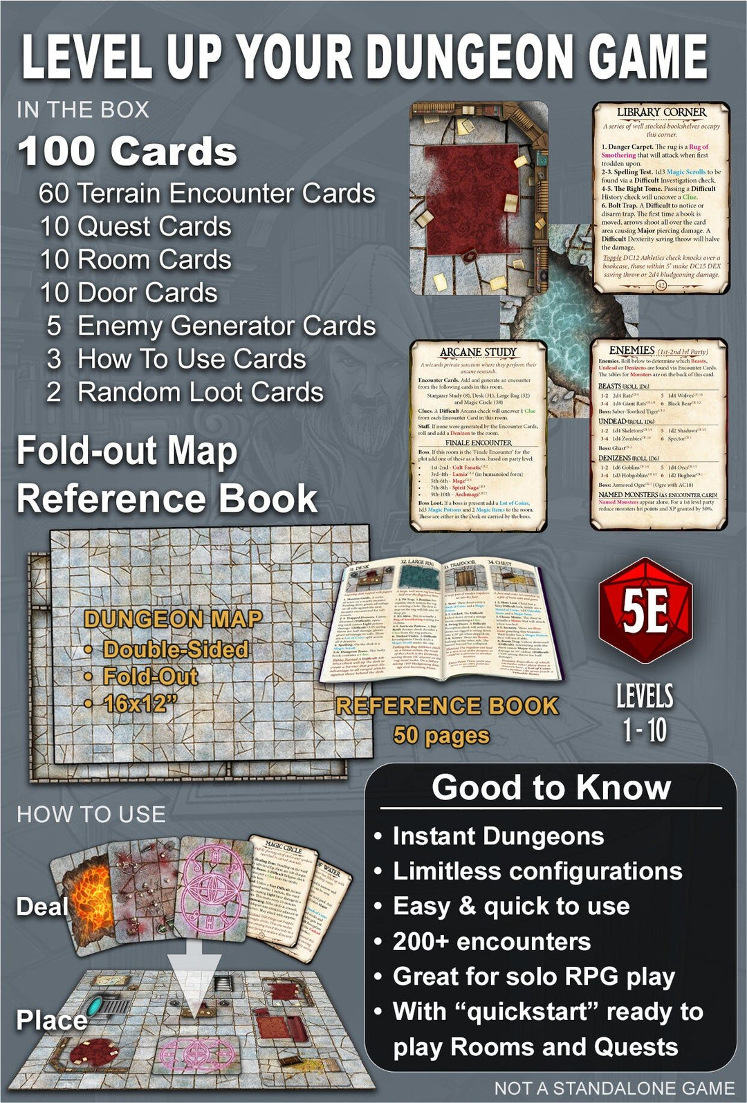 Dungeon game components including cards and a map on a gray background