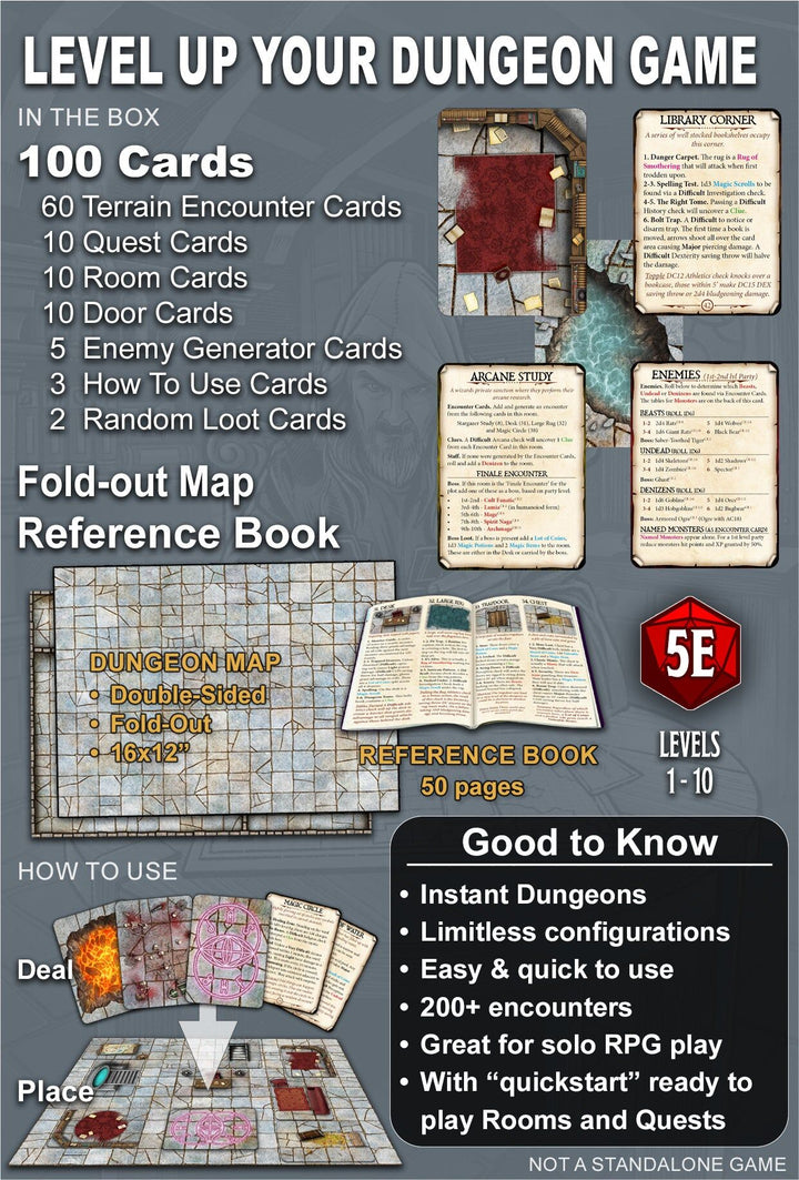 Dungeon game components including cards and a map on a gray background