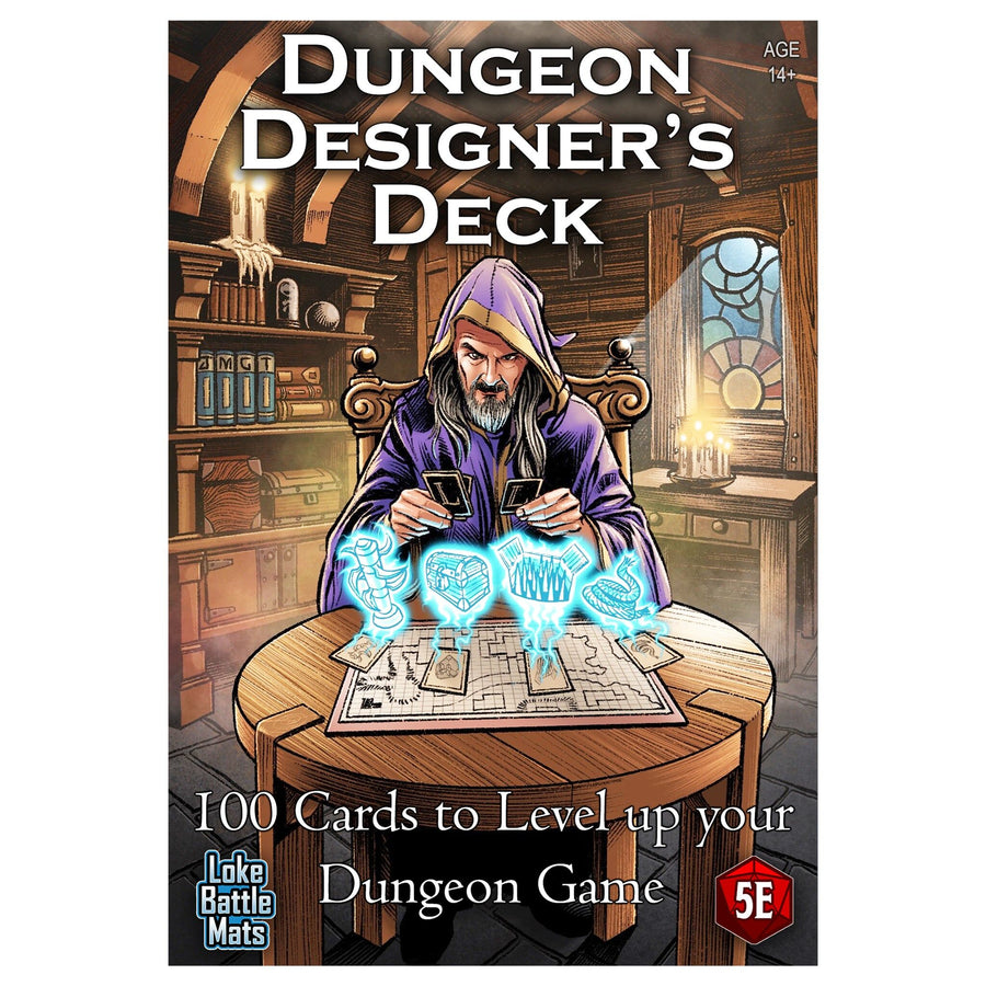 Dungeon Designer's Deck packaging with a wizard character and game components.