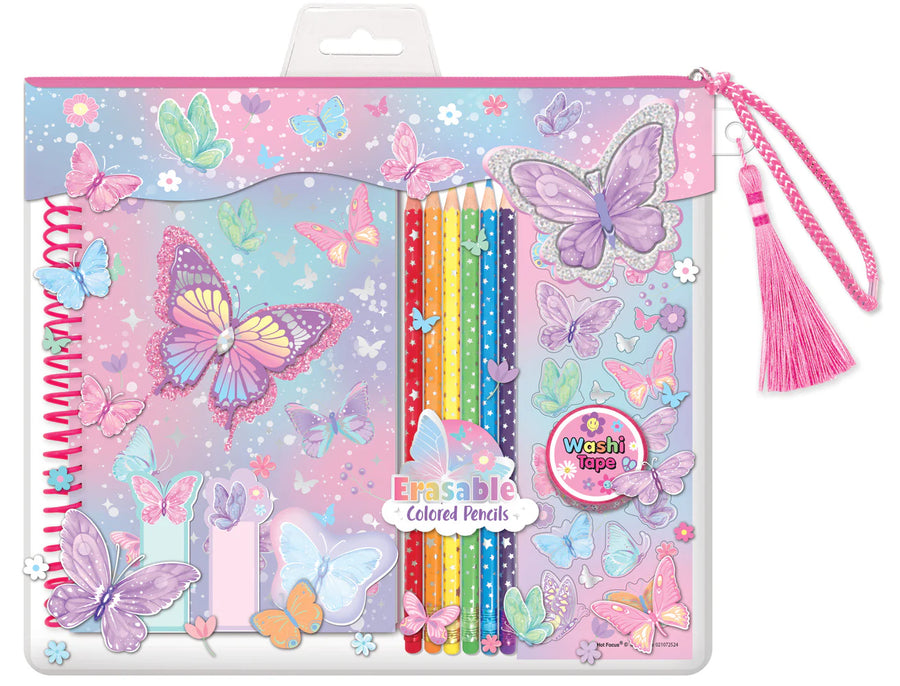 Stationery set with colorful butterflies and pens on a pink background