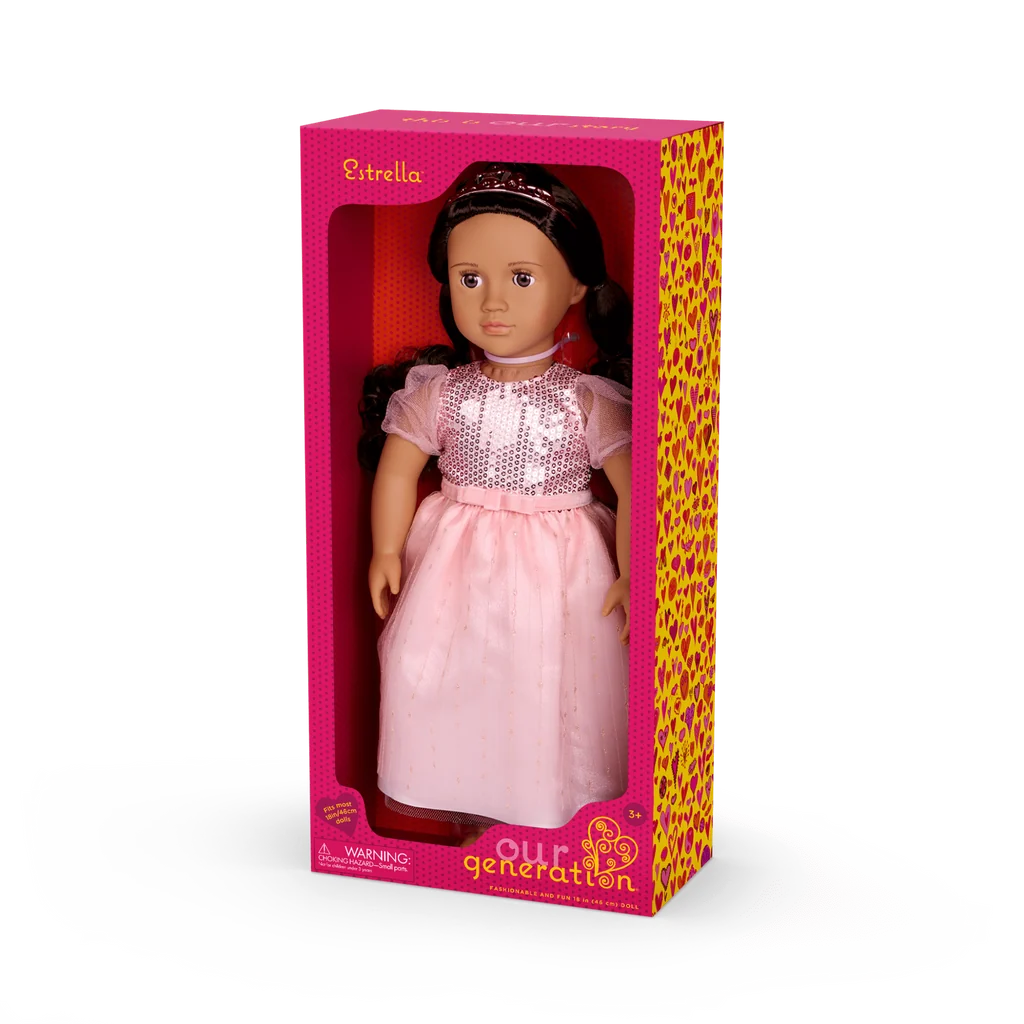 estrella our generation doll in pink dress with brown hair in a pink and yellow packaging.