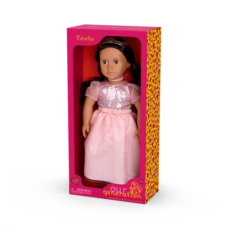 estrella our generation doll in pink dress with brown hair in a pink and yellow packaging.