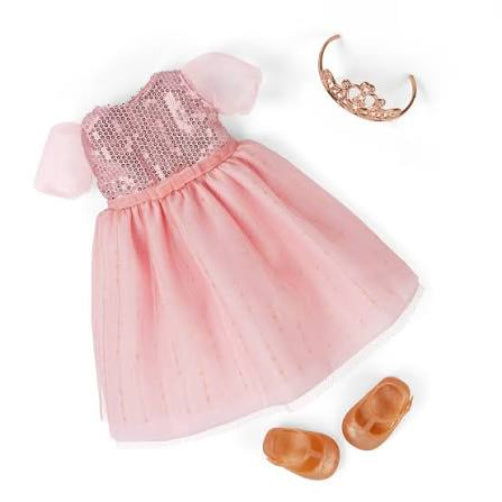 our generation doll pink dress and slippers and tiara over white background detached from estrella doll