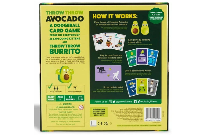 Back of a game box for 'Throw Throw Avocado' with instructions and graphics.