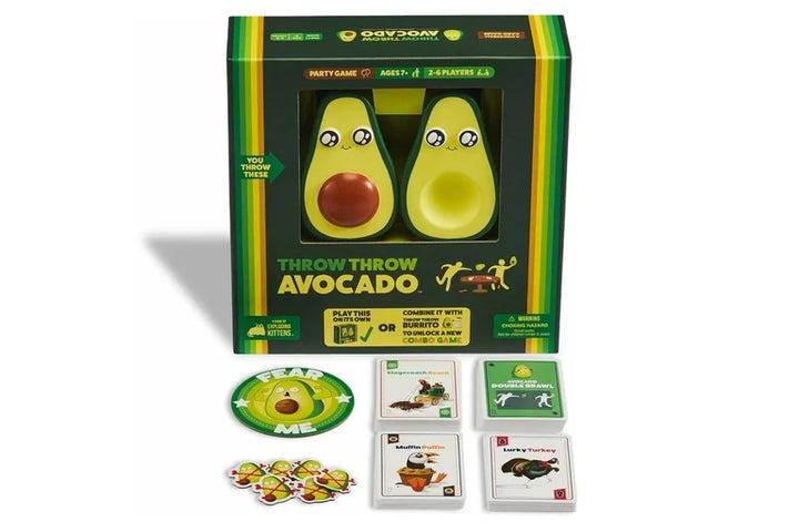 Throw Throw Avocado game set with packaging, avocados, and cards on a white background