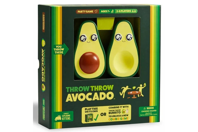 Box of 'Throw Throw Avocado' game with cartoon avocados on a white background