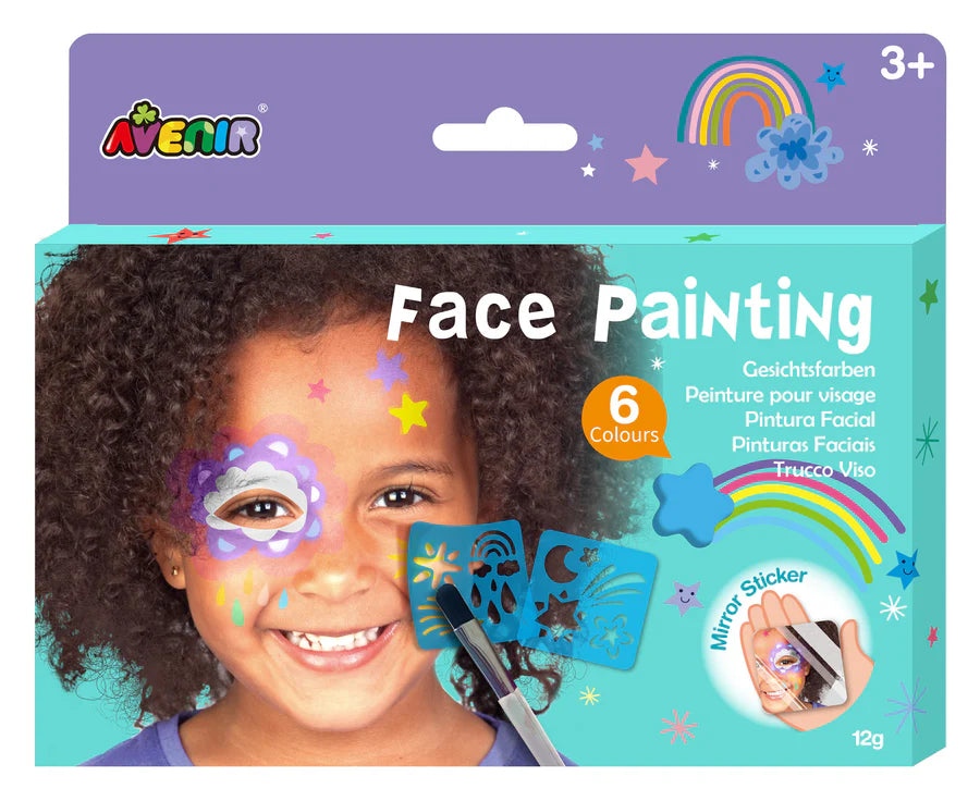 Avenir face painting kit packaging with a child's face painted and tools on a blue and purple background.