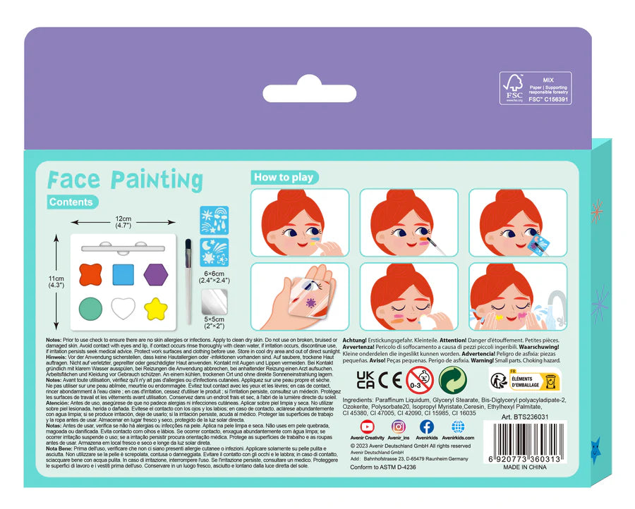 Face painting kit packaging with illustrations and text on a purple and blue background