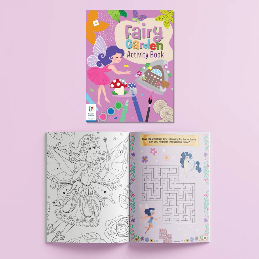 Fairy Garden Activity Book with coloring and maze pages on a pink background