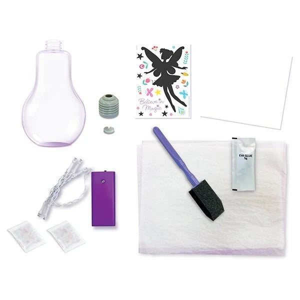 Set of items including a fairy silhouette, bottle, and tools on a white background