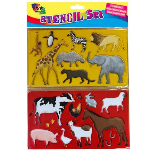 Animal stencil set packaging with various animal illustrations on a yellow and red background.