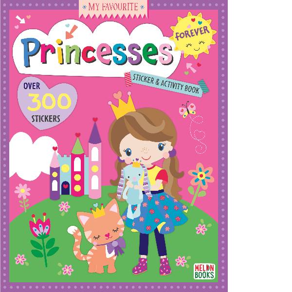 Princess-themed sticker and activity book with a girl and cat on a pink background