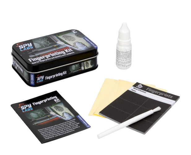Spy Labs Fingerprinting Kit with a tin, bottle, cards, and tools on a white background