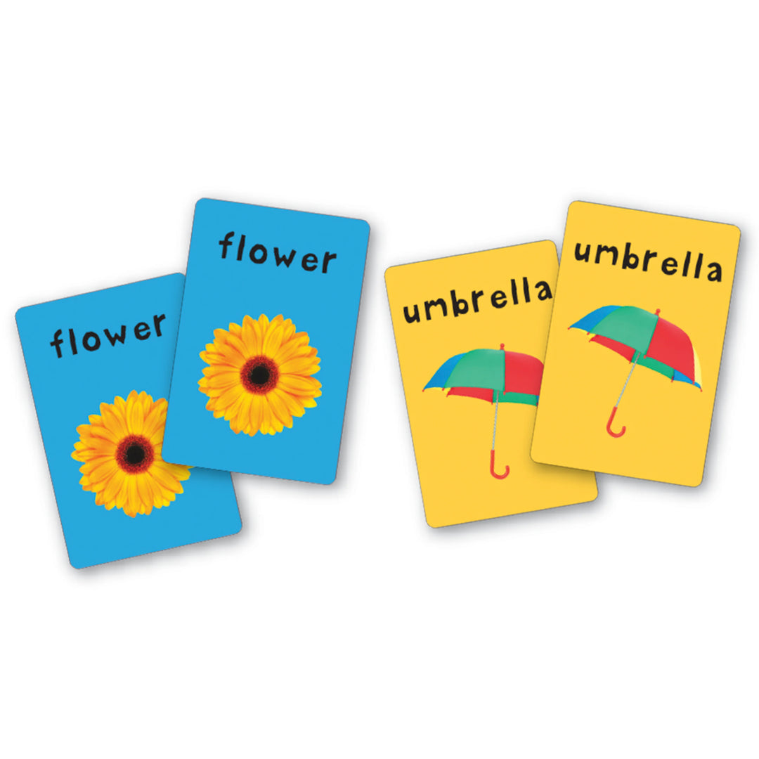 two pairs of matching cards blue flower and yellow umbrella on a white background
