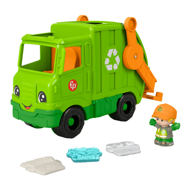Toy garbage truck with a character figure on a white background