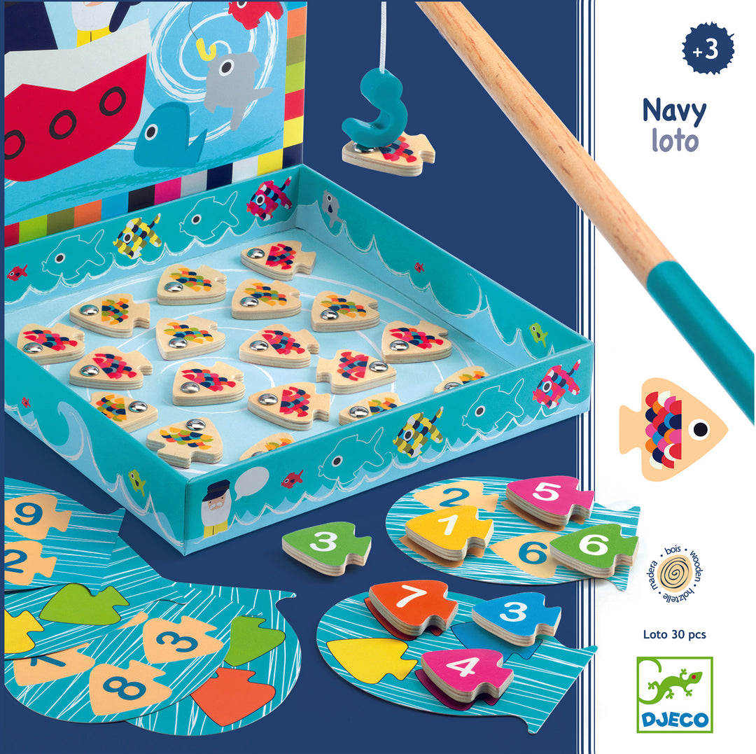 djeco brand Children's fishing game with magnetic fish and numbers, displayed in a box with a fishing rod on a blue background.