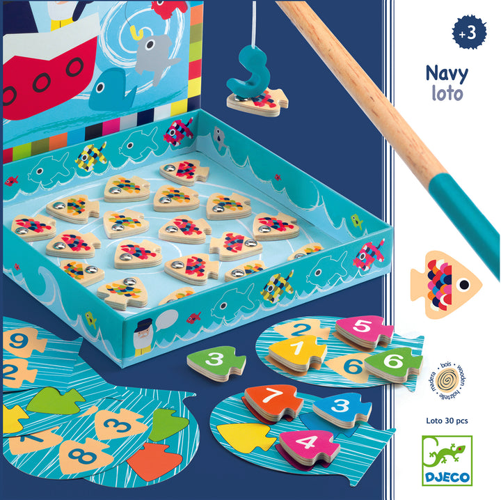 djeco brand Children's fishing game with magnetic fish and numbers, displayed in a box with a fishing rod on a blue background.