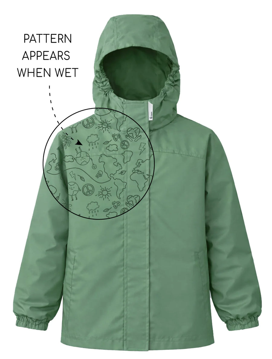 Green raincoat with pattern that appears when wet, on a white background.