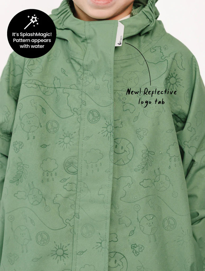 Green raincoat with animal patterns and reflective logo tag, featuring SplashMagic technology.