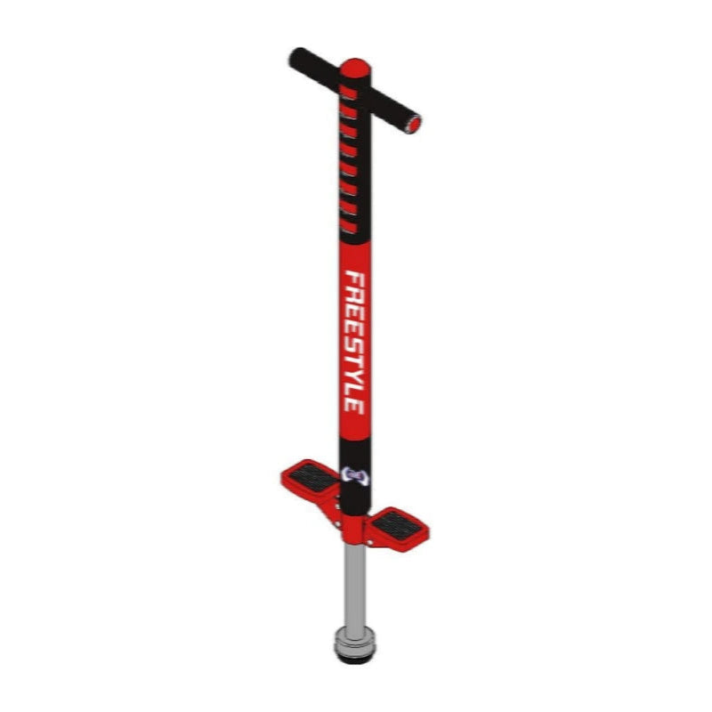 A red and black pogo stick with a silver metal pole and black footpads, featuring the brand name 'FREESTYLE' printed vertically on the main shaft.