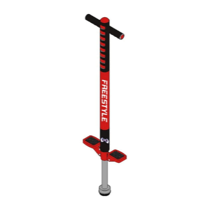 A red and black pogo stick with a silver metal pole and black footpads, featuring the brand name 'FREESTYLE' printed vertically on the main shaft.