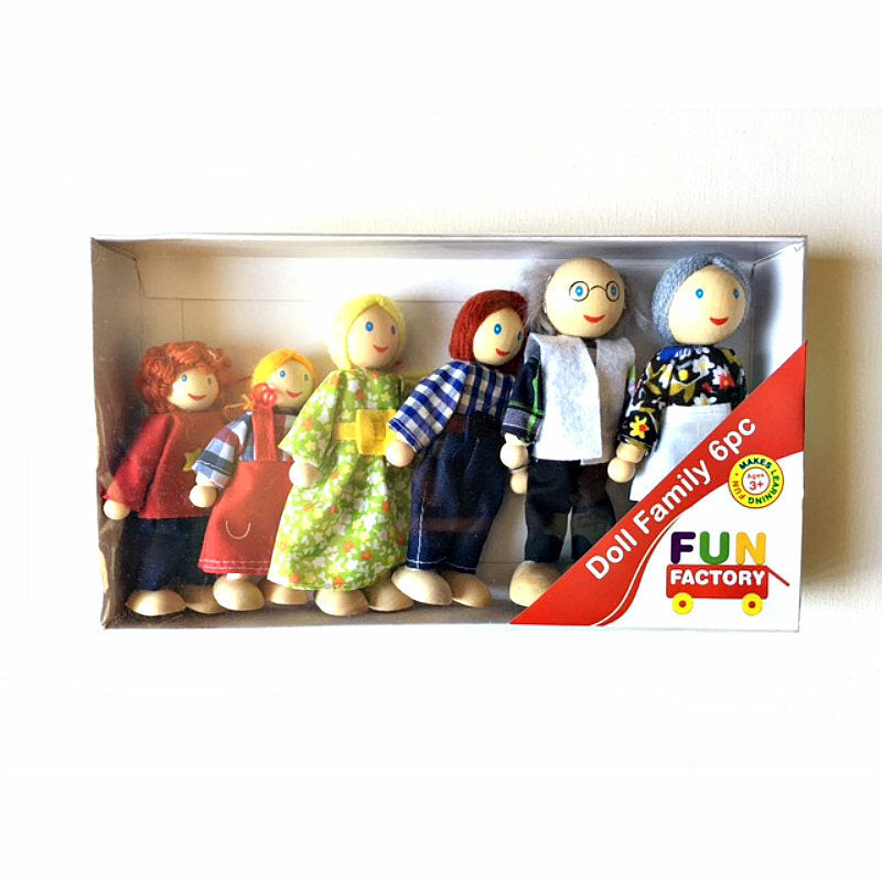 A 6-piece wooden doll family set by Fun Factory, displayed inside its original retail packaging box against a plain white background.