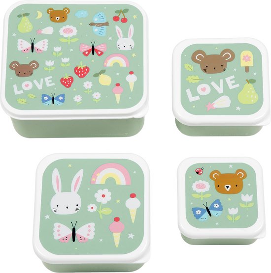 Set of four green snack boxes with animal illustrations on a white background