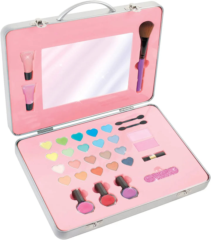 makeup set with pink interior, mirror, brushes and other accessories on white background