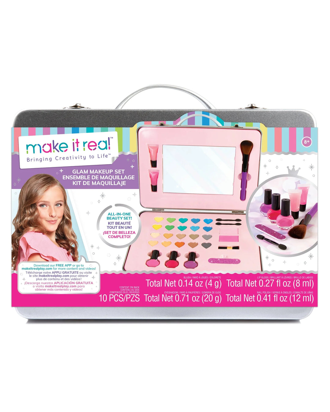 make it real make up set packaging in silver tin with handle 