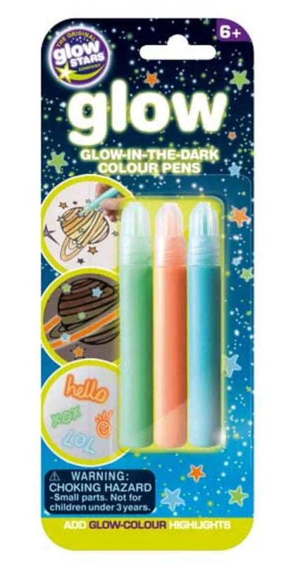 Pack of glow-in-the-dark color pens with packaging showing three pens and illustrations.