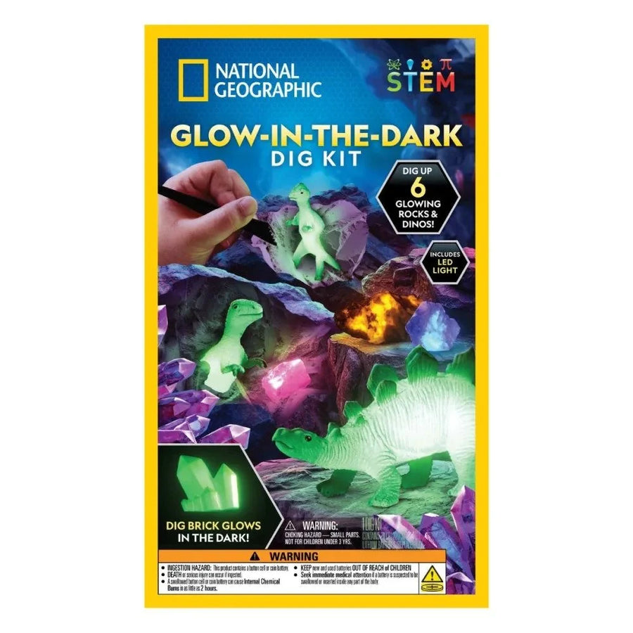 glow in the dark dig kit with dinosaurs and crystals featured on the packaging on a white background