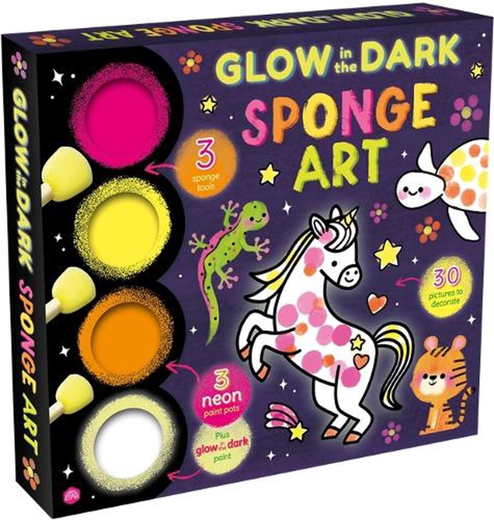 glow in dark packaging with unicorn, lizard, and turtle on a purple backfround aswell as display of three neon paint pots orange, pink, and yellow