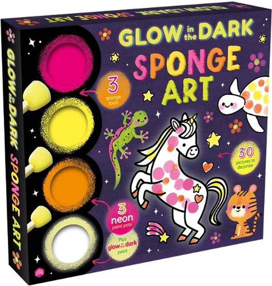 glow in dark packaging with unicorn, lizard, and turtle on a purple backfround aswell as display of three neon paint pots orange, pink, and yellow